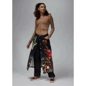 Air Jordan Women Printed Midi Skirt Denim Jean Black Red Bulls FZ9288-010 XS New